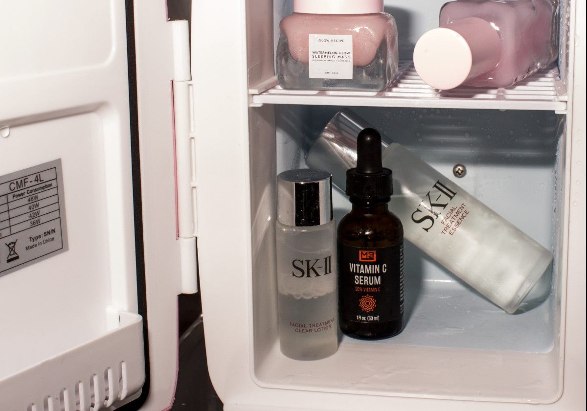 skincare fridge with various products