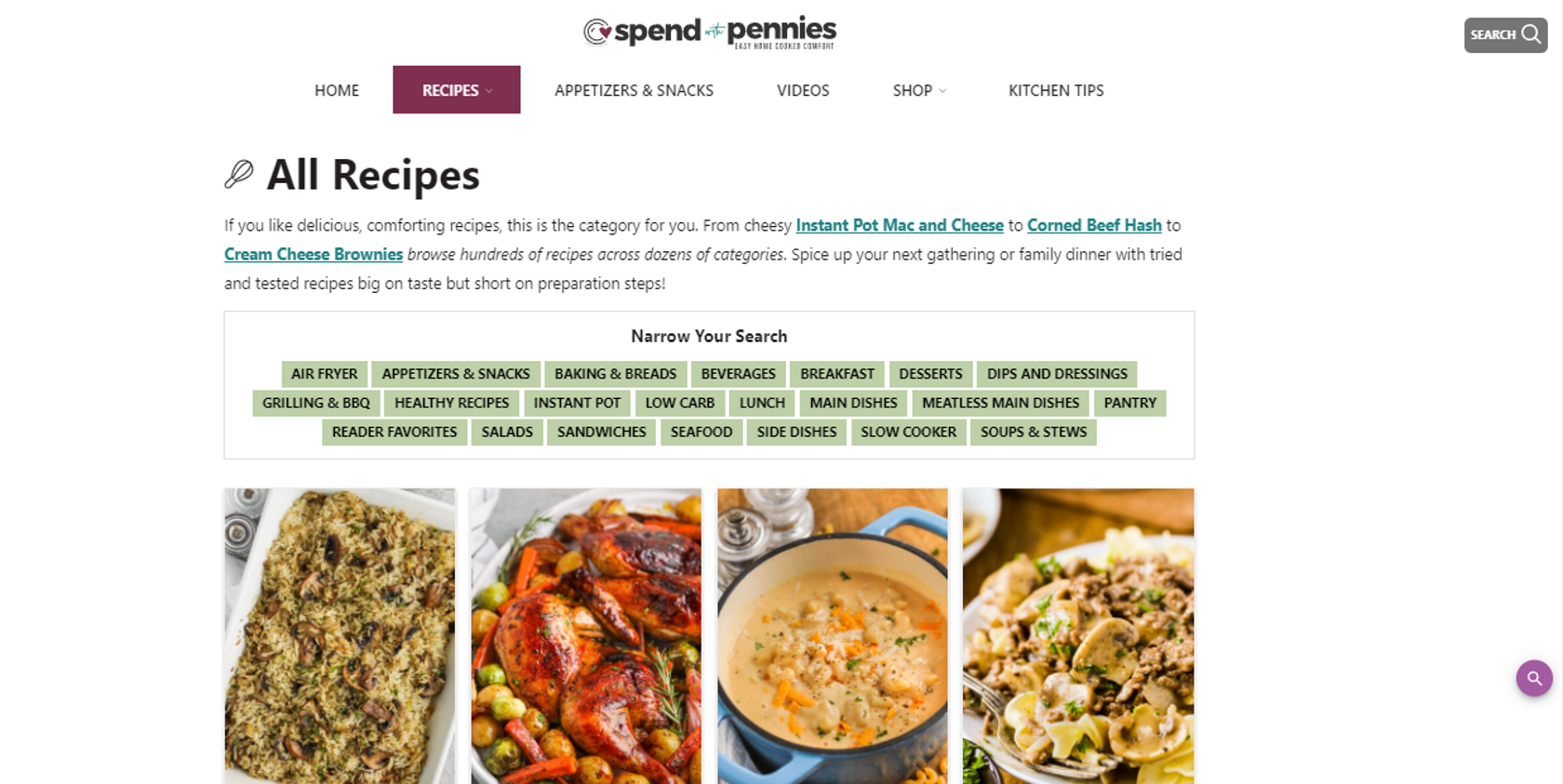 Spend with Pennies food blog website recipes page