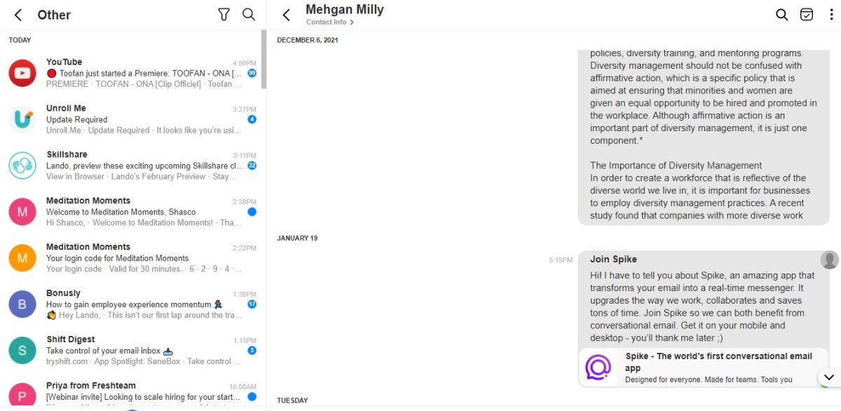 Spike's desktop app showing its thread-like chat feature