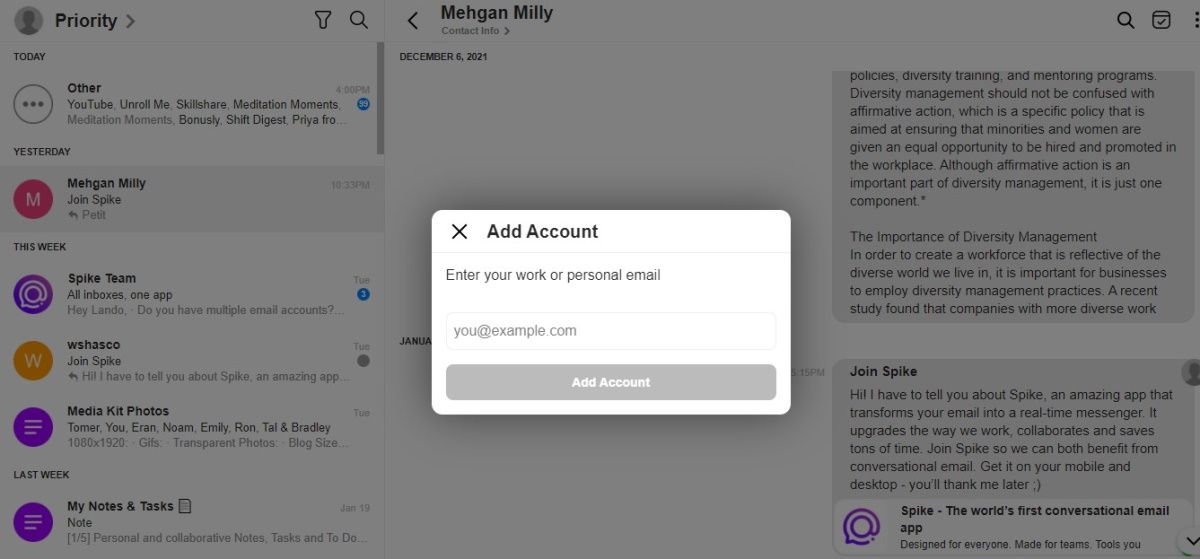 Screenshot of Spike's desktop app showing Add Account page