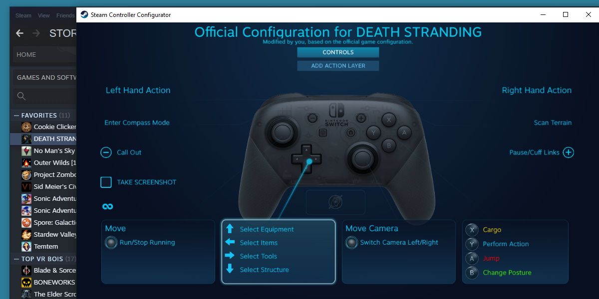 steam controller configurator modifying death stranding with a switch pro controller