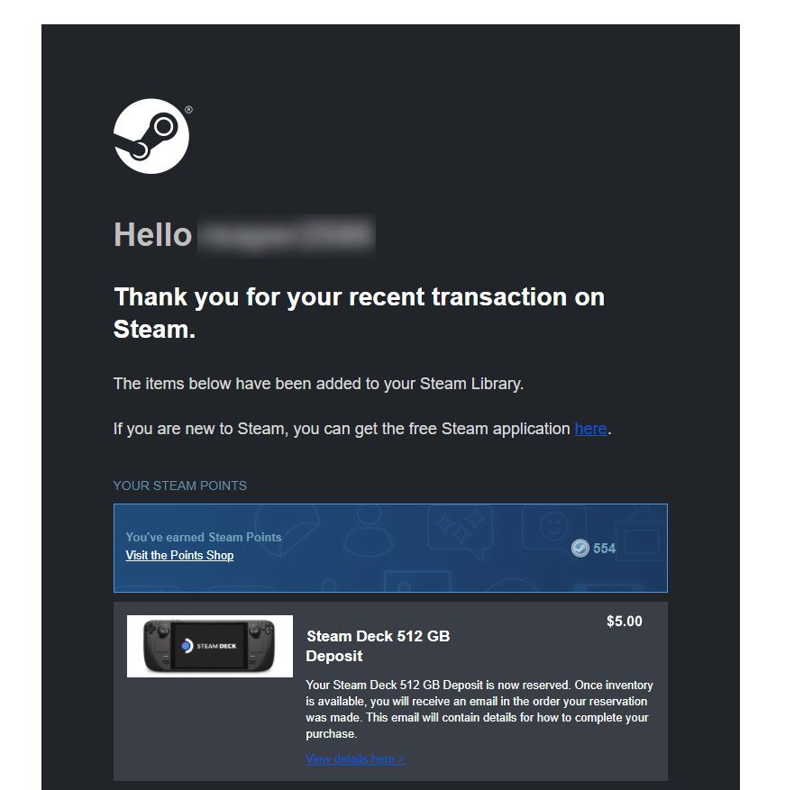 an email showing a transaction of a reserved Steam Deck
