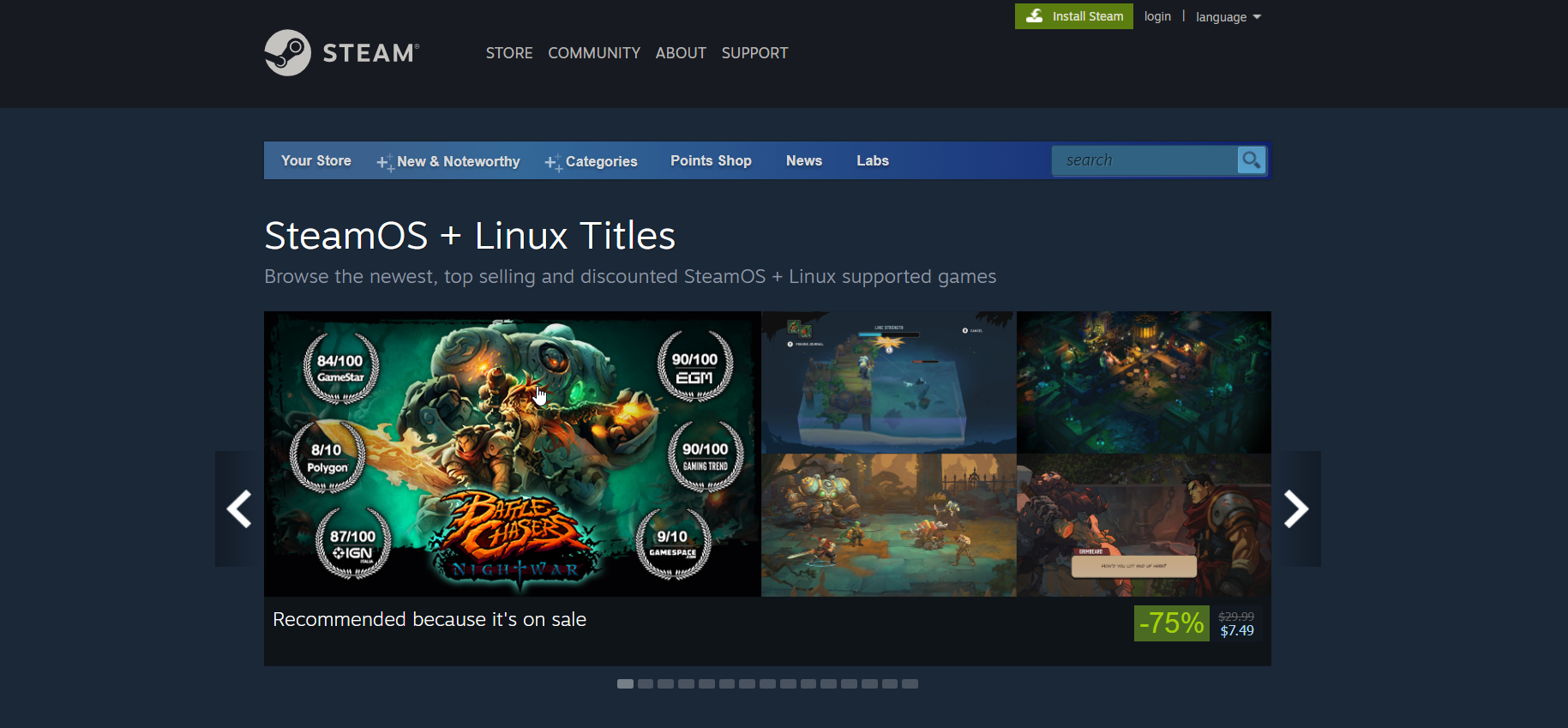 Steam Website showing Linux games