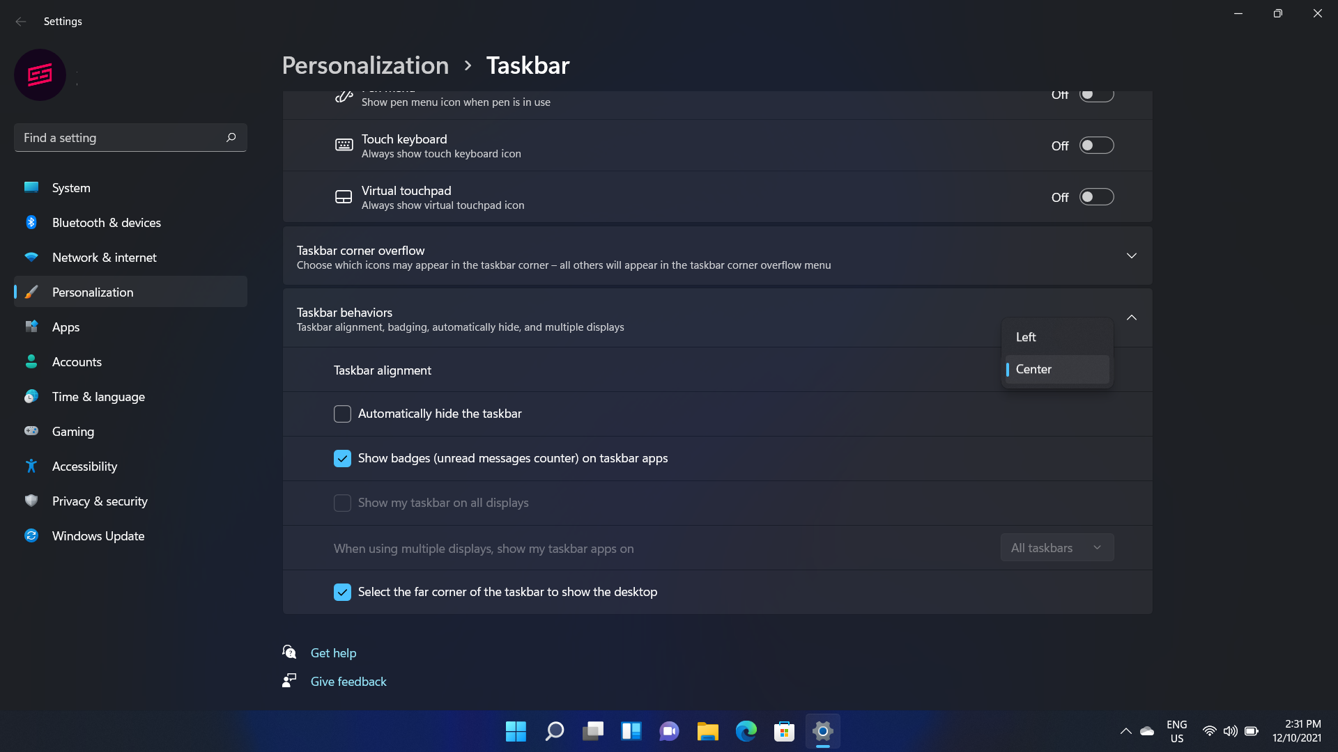 taskbar behavior settings in windows 11