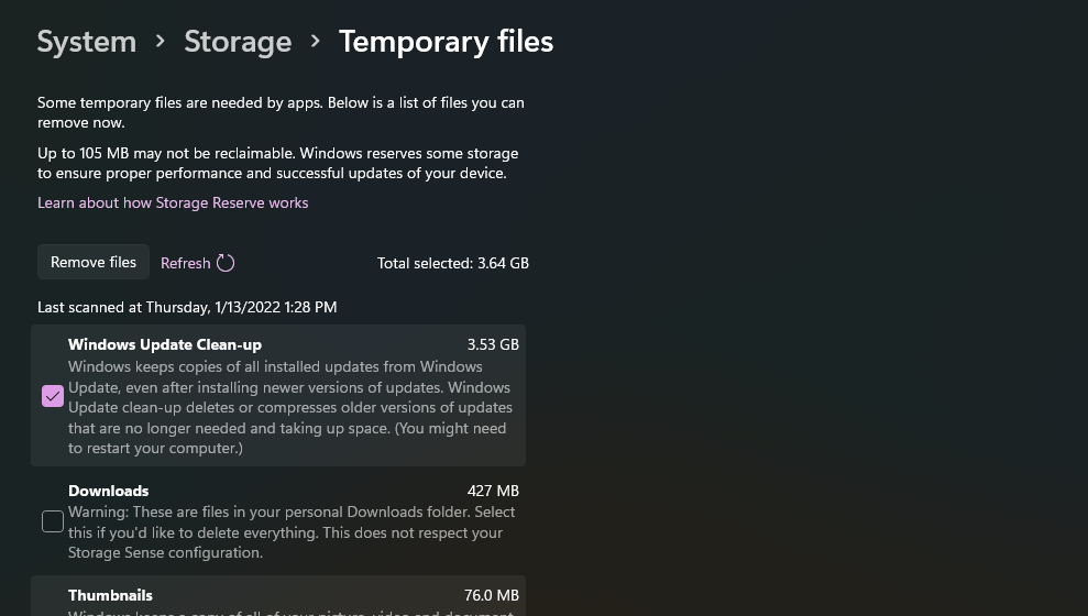 The temporary file cleaner in Settings