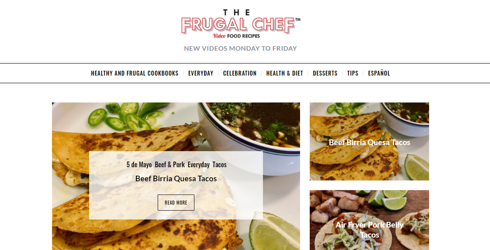 The Frugal Chef food blog website homepage