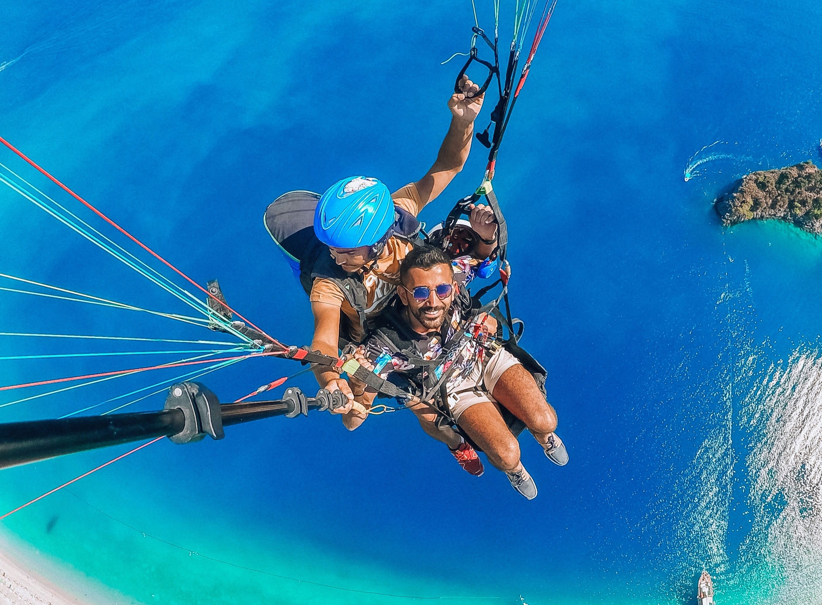 A couple taking a selfie while skydiving.