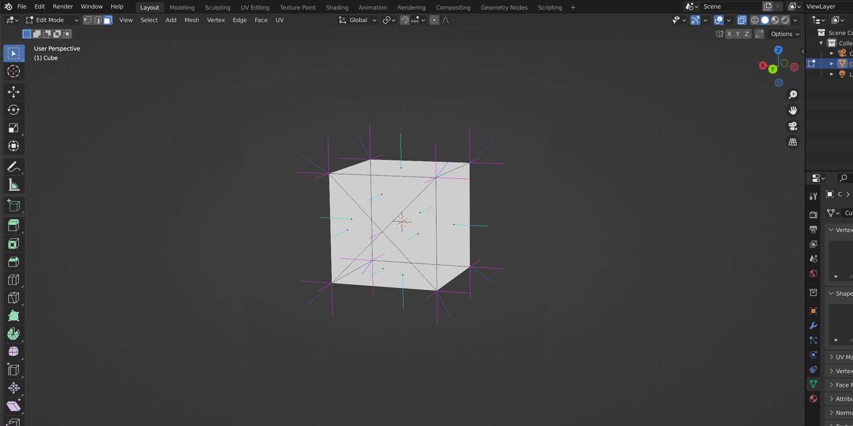 A cube in Blender with normals turned on