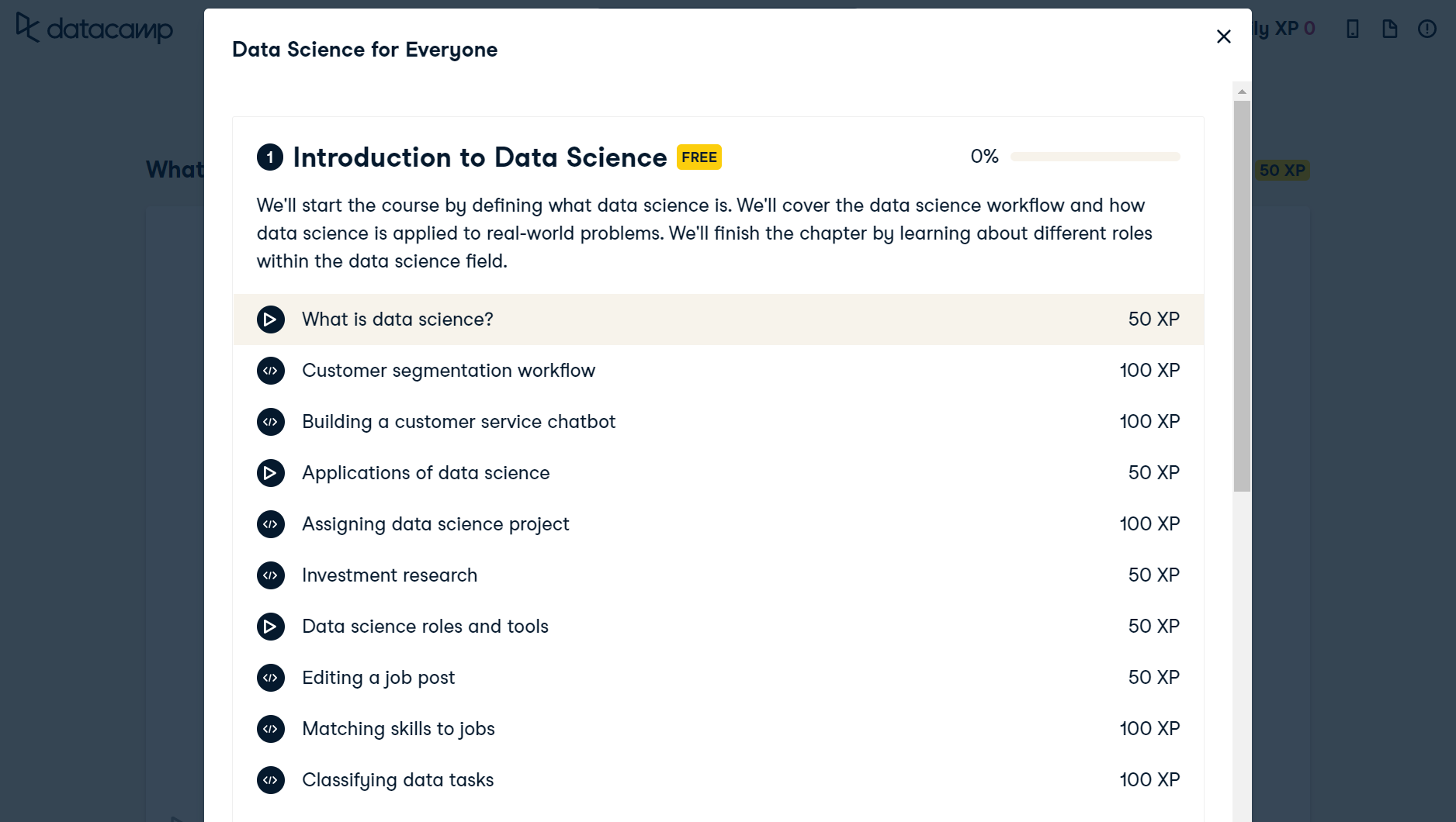 The Introduction to Data Science course description in DataCamp.