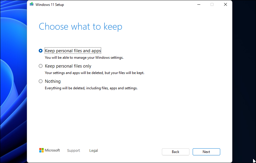 windows 11 setup upgrade keep personal files and apps