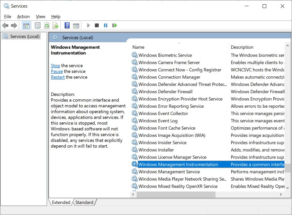 instrumentação de gerenciamento do Windows no gerenciador de serviços do Windows