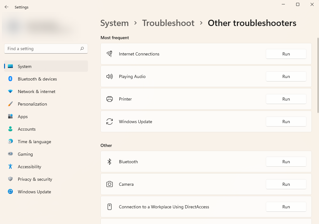 Selecting Windows Update troubleshooter from the built in Windows troubleshooters