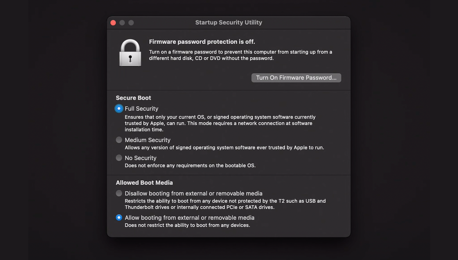 Startup Security Utility on macOS.