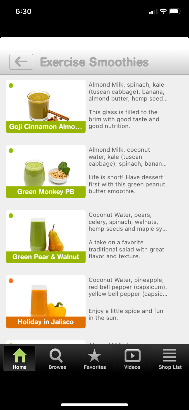 101 Smoothies app screenshot exercise smoothies list