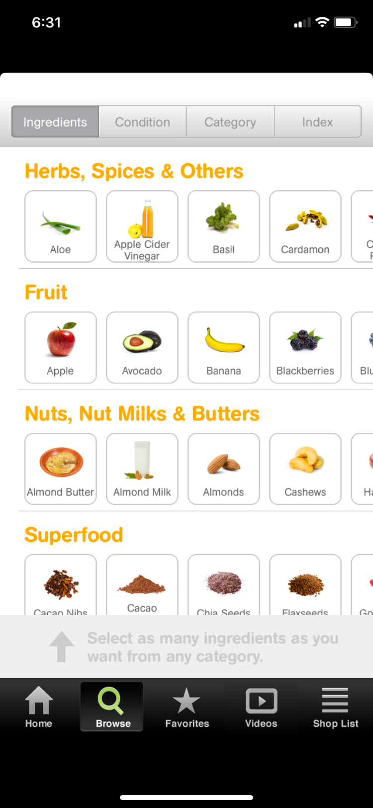 101 Smoothies app screenshot ingredients list