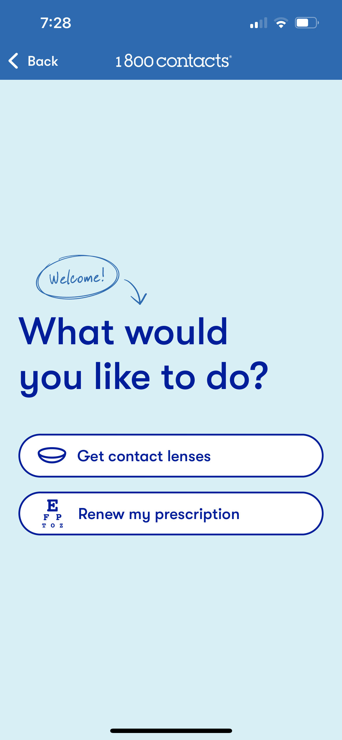 1800 contacts app start page