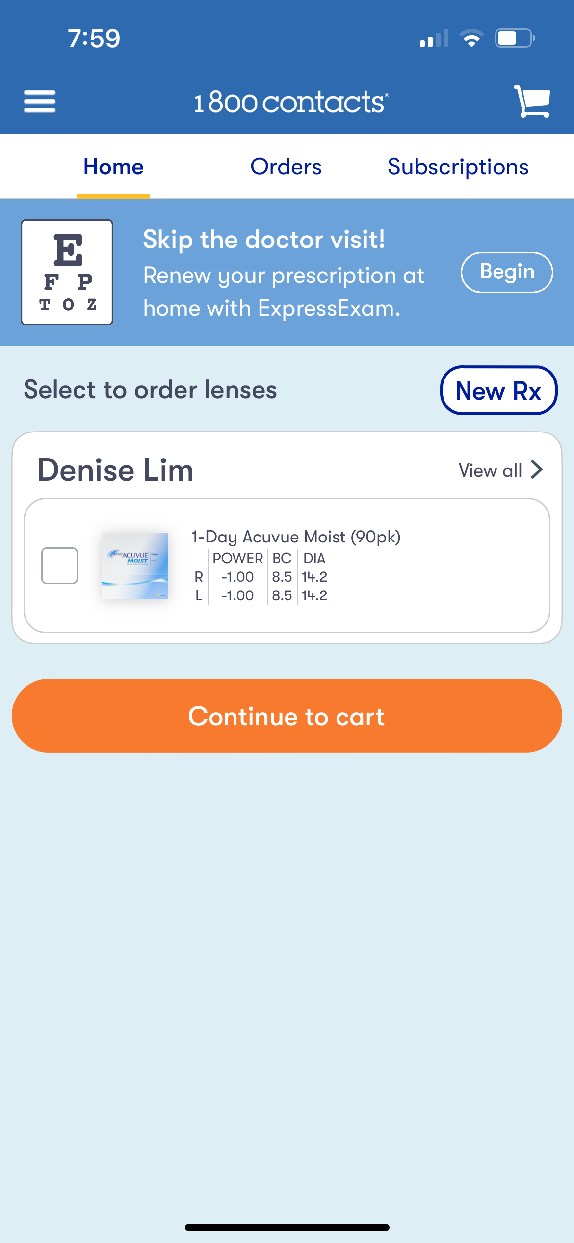 1800 contacts app contacts order