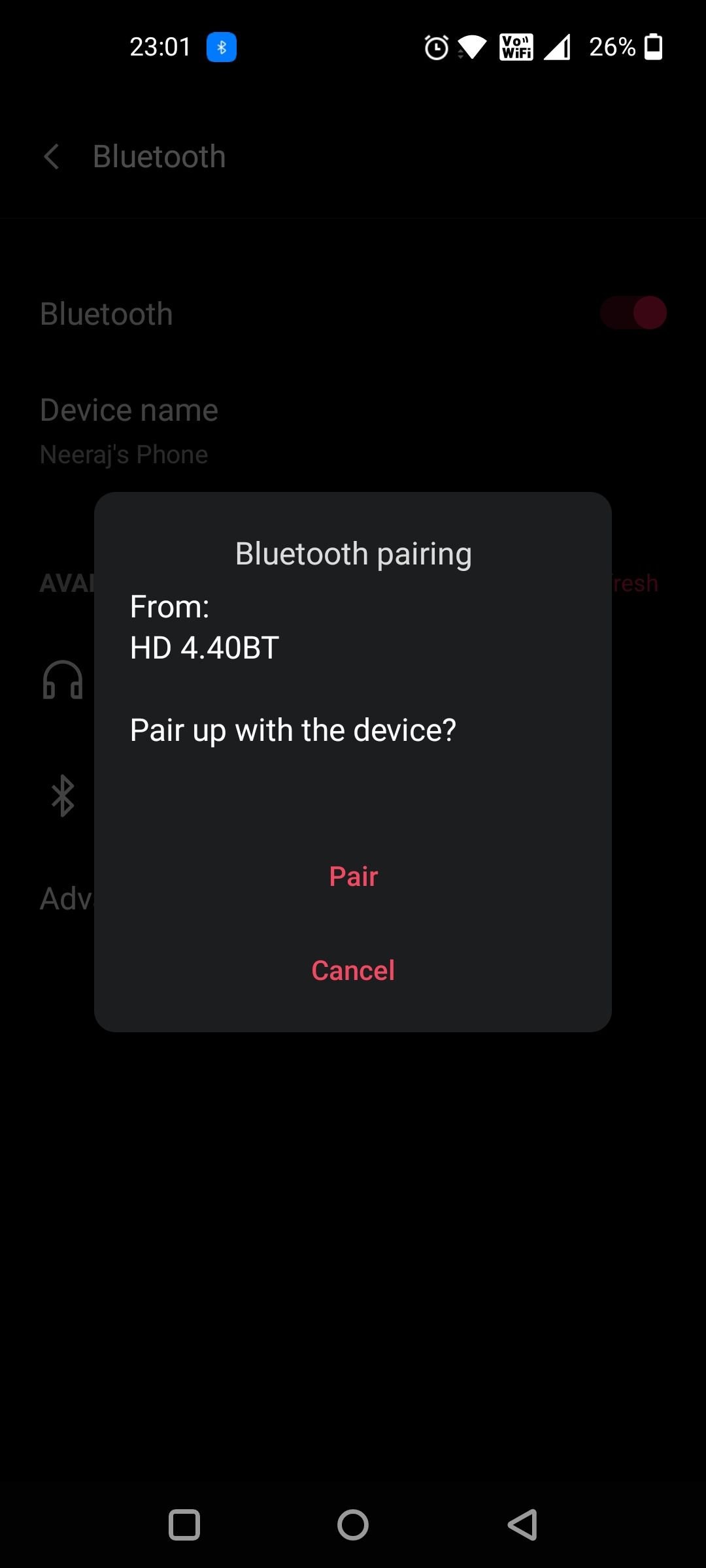 Prompt to Pair Bluetooth Device Will Appear