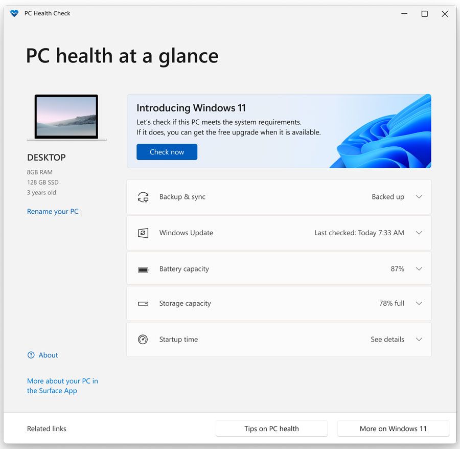 windows pc health at a glance screen