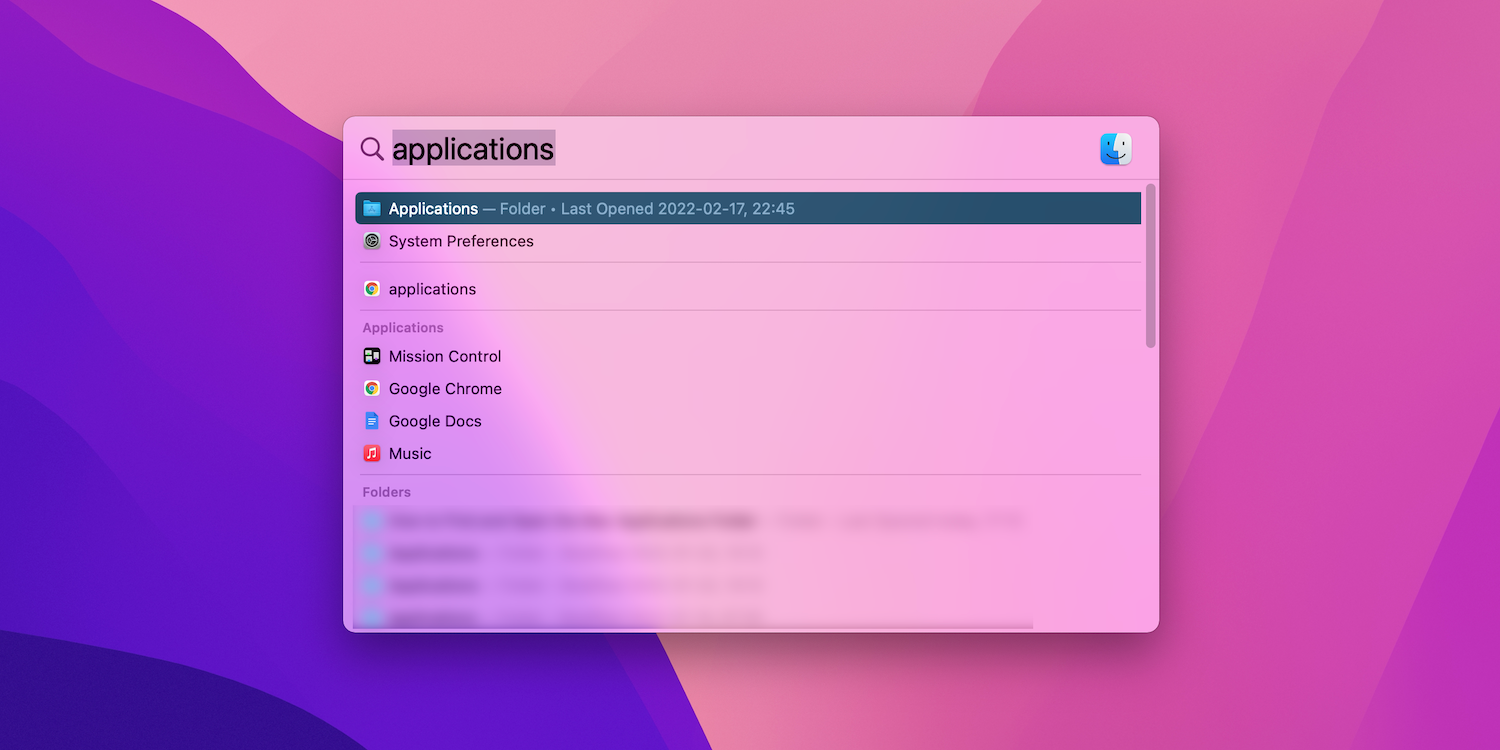 Opening Applications folder via Spotlight Search.