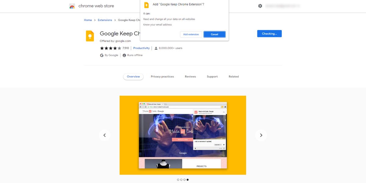 Add extension pop up of Google Keep
