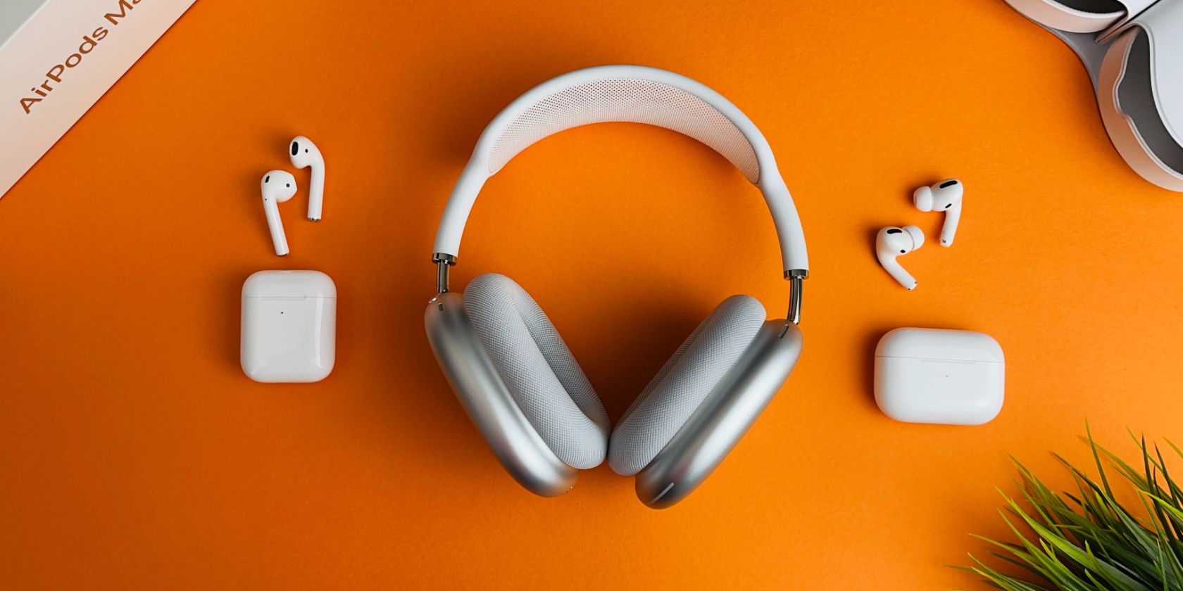 AirPods Max, AirPods, and AirPods Pro on orange background