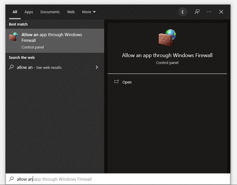 Allow an app through Windows Firewall settings in Control Open Directly Opening in Windows Search Bar
