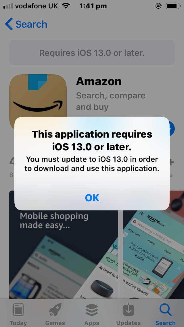 A screenshot from Apples App Store showing the message "This application requires iOS 13.0 or later"
