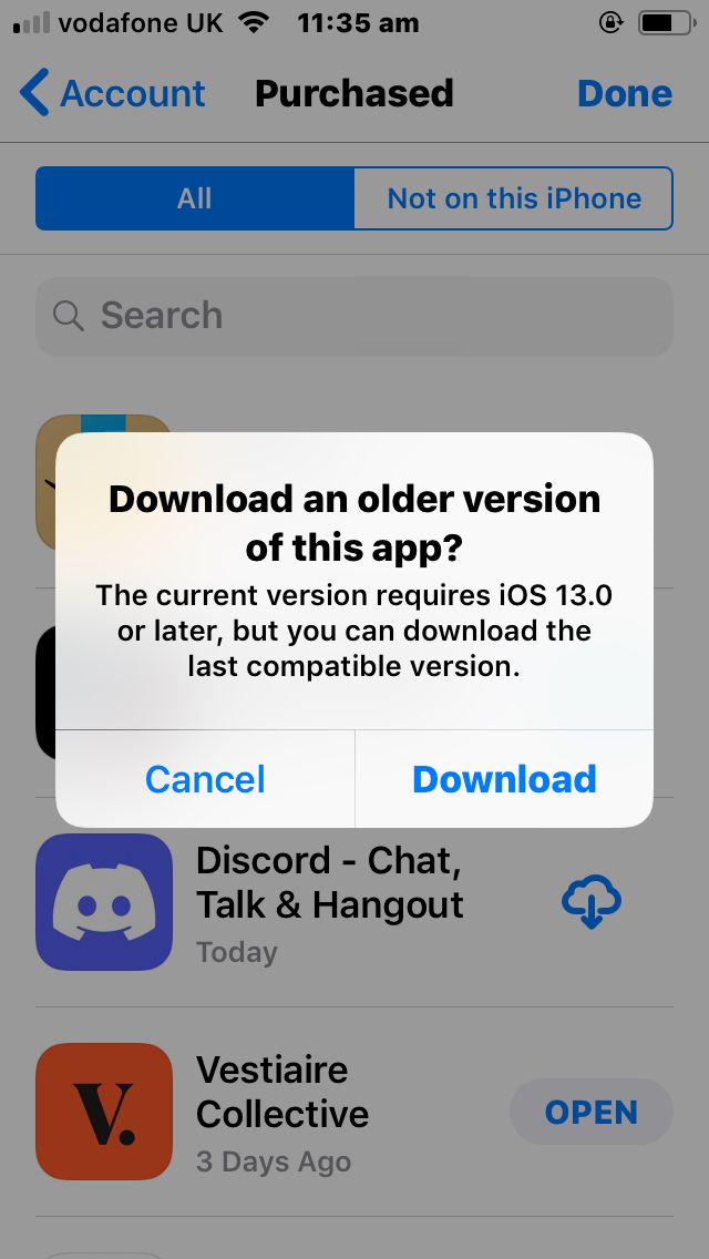 A screenshot from Apple's App Store displaying the message "Download an older version of this app?