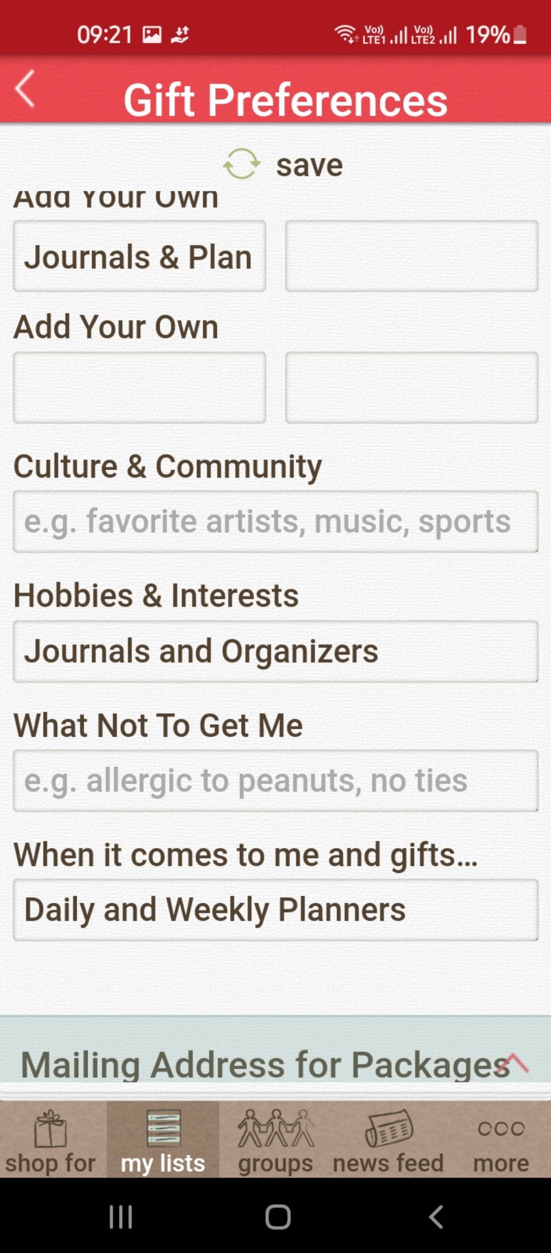 Gift preferences section in the Gifster app