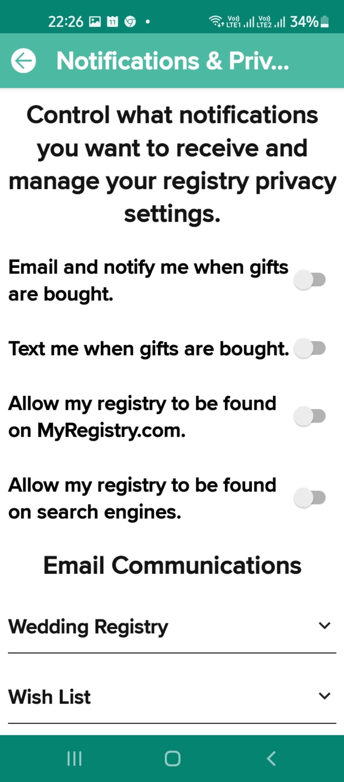 Notifications and alert settings in MyRegistry