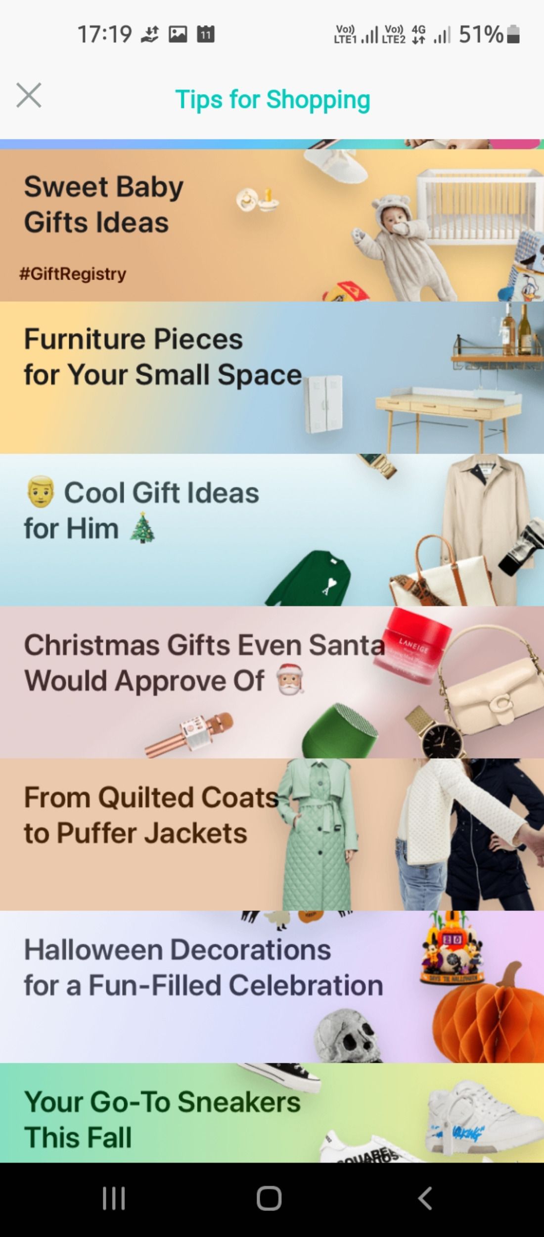 Shopping and gifting categories in Wishupon