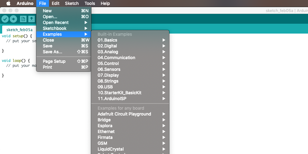 A screenshot of the Arduino IDE software showing the dropdown menu containing examples