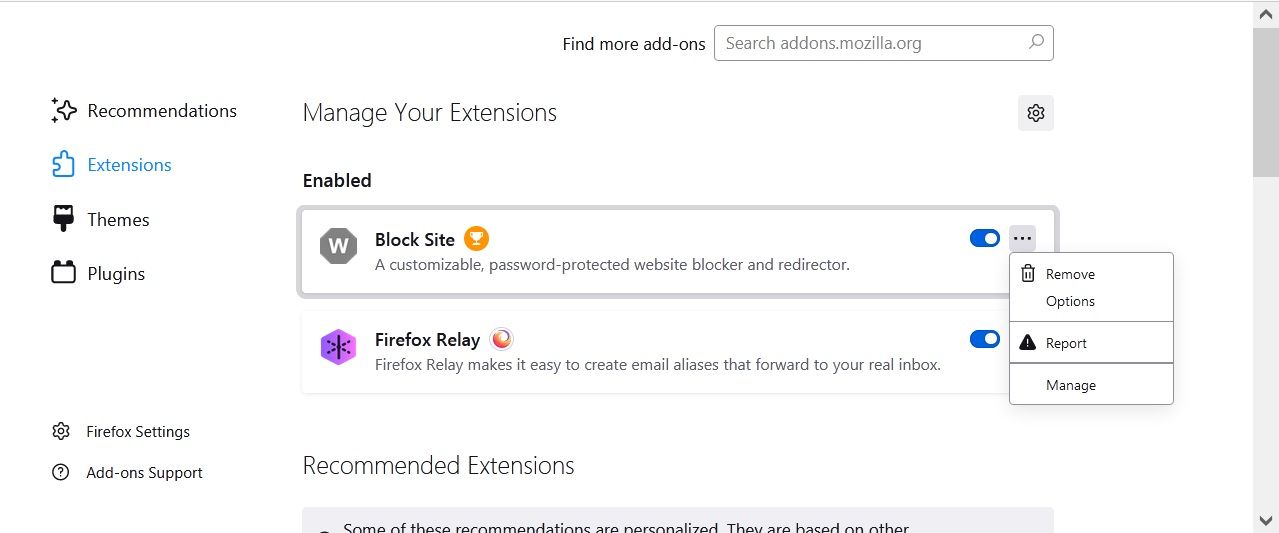 Extensions setting in Firefox