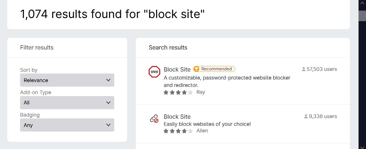 Block Site search results