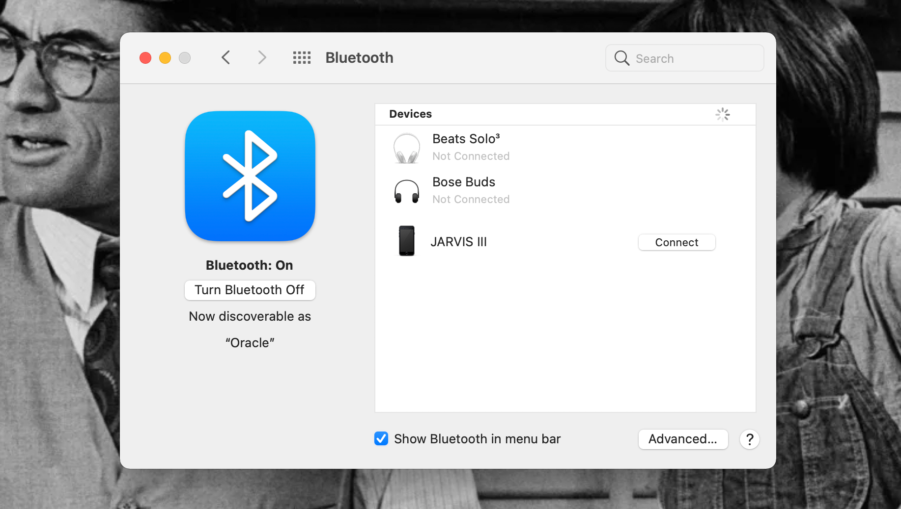 Bluetooth Preferences window open on a MacBook Pro, showing an iPhone is ready to connect
