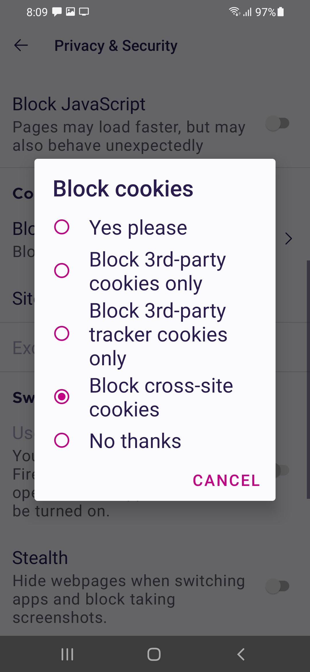 Change Cookies Protection Firefox Focus Android