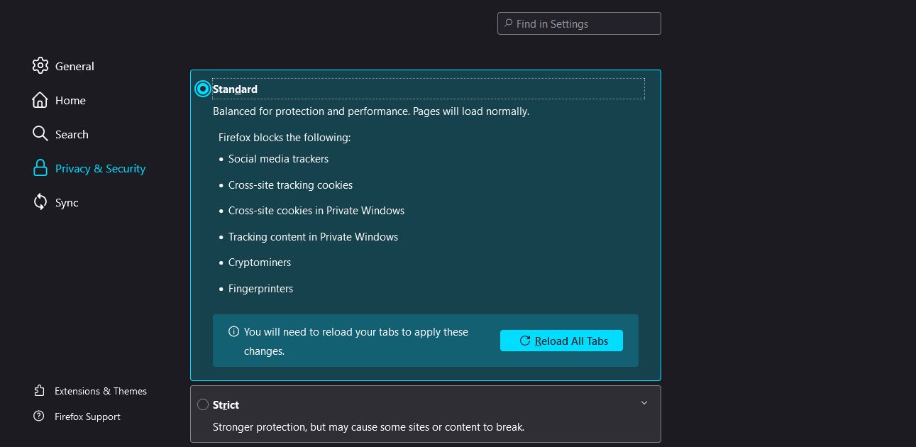 Changing Enhanced Tracking Protection to Standard in Firefox Settings