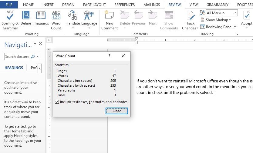 Checking Word Count Using Word Count Box in Review Tab