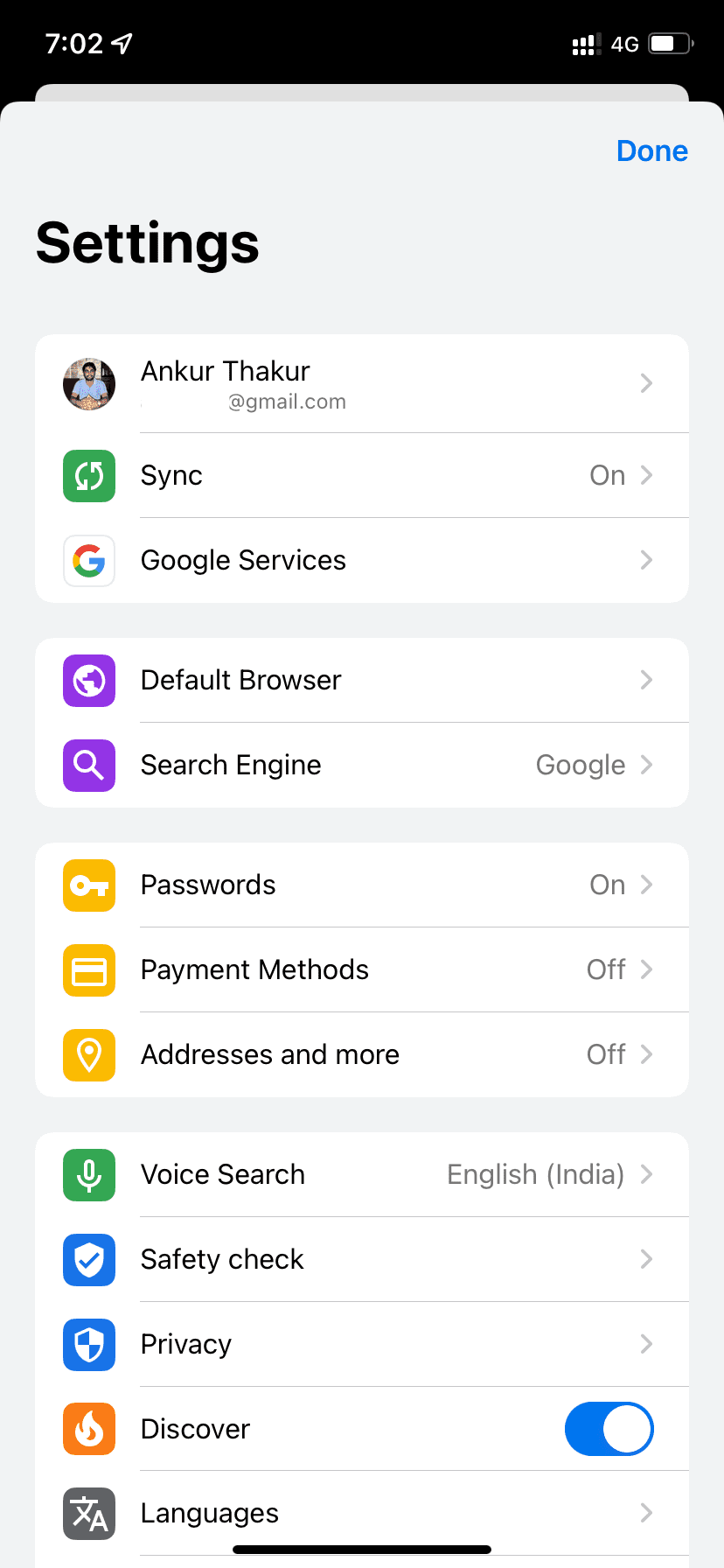 Chrome browser Settings on iPhone