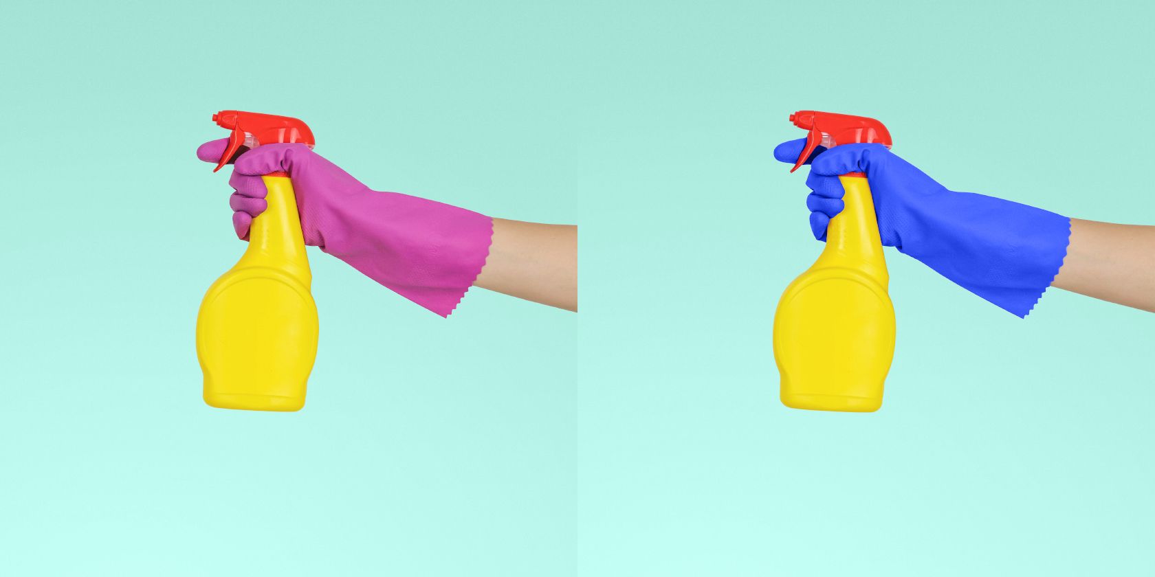 Before and after showing the color change of a rubber glove from pink to blue