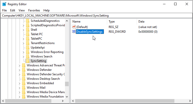 Configuring the Sync Settings Via the Registry Editor