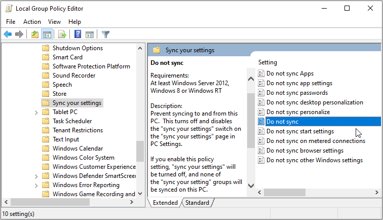 Configuring the Sync Settings on the Local Group Policy Editor