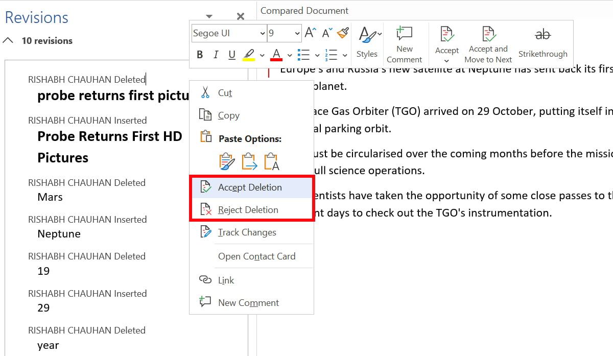 hpow to accept all changes in word doc merge
