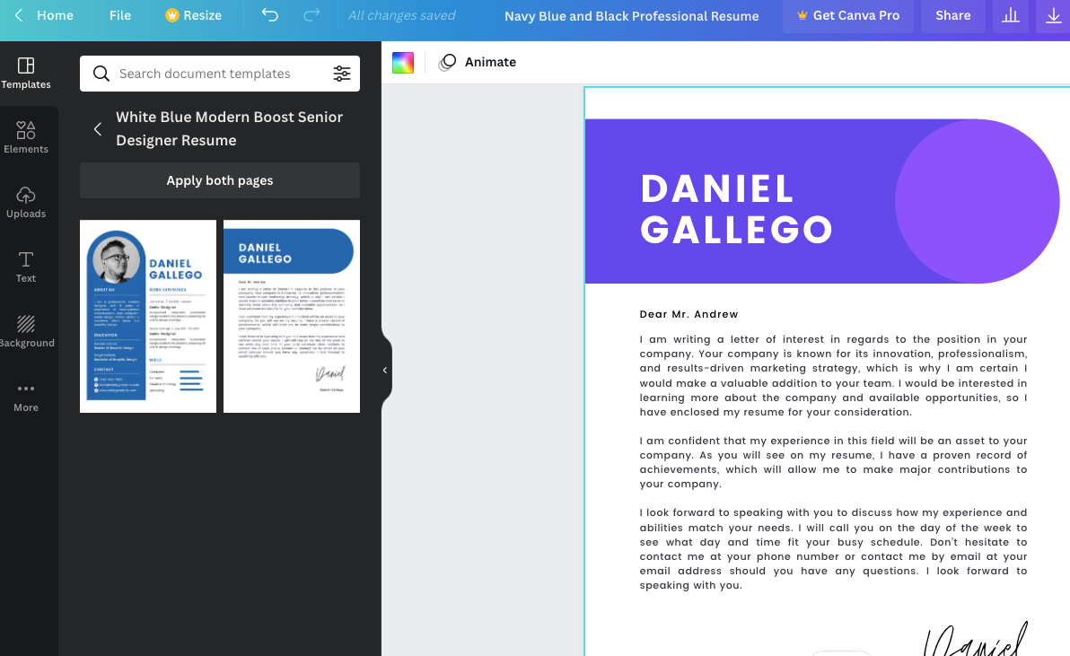 Screenshot of Canva resume editor with free resume sample and cover letter. 