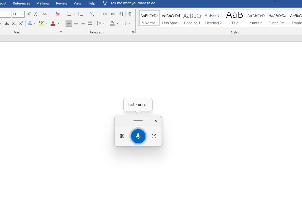 Dictation toolbar displayed on a Word Doc Screenshot