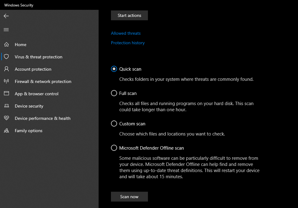 Different Scan Options in Windows Security Settings