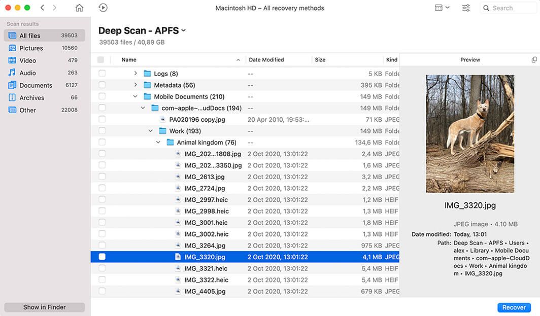 Disk Drill deep scan results open on Mac