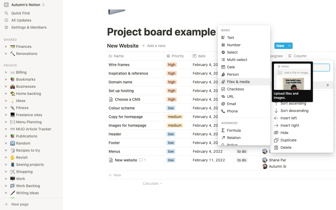Screenshot of a column menu in project management software