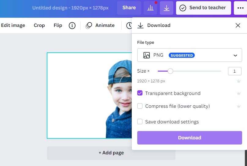 Downloading the Image with Transparent Background in Canva Image Editing Window